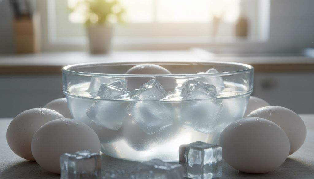 A close-up view of a clear glass bowl filled with ice and cold water, surrounded by a few freshly boiled eggs, their shells intact and slightly wet from the water. In the foreground, emphasize the glistening ice cubes reflecting soft, natural light, showcasing their textures. The middle ground features the boiled eggs, positioned artistically to highlight their smooth surfaces. The background contains a blurred kitchen setting, softly lit with sunlight filtering through a window, creating a warm and inviting atmosphere. The overall mood is fresh, crisp, and rejuvenating, perfectly illustrating the relaxing effect of an ice bath. Capture this scene from a slightly elevated angle to add depth. A close-up view of a clear glass bowl filled with ice and cold water, surrounded by a few freshly boiled eggs, their shells intact and slightly wet from the water. In the foreground, emphasize the glistening ice cubes reflecting soft, natural light, showcasing their textures. The middle ground features the boiled eggs, positioned artistically to highlight their smooth surfaces. The background contains a blurred kitchen setting, softly lit with sunlight filtering through a window, creating a warm and inviting atmosphere. The overall mood is fresh, crisp, and rejuvenating, perfectly illustrating the relaxing effect of an ice bath. Capture this scene from a slightly elevated angle to add depth.