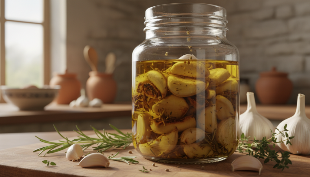 A close-up view of a glass jar filled with golden garlic-infused oil, showcasing the rich olive oil blended with vibrant pieces of roasted garlic. In the foreground, garlic cloves are scattered alongside fresh herbs like rosemary and thyme, adding a pop of color. The middle ground features a wooden cutting board, with a rustic kitchen setting softly blurred in the background. Warm, natural light filters through a nearby window, creating a cozy atmosphere. The scene conveys a sense of freshness and culinary delight, perfect for a cooking guide. The angle is slightly tilted to give depth, with the focus on the oil, emphasizing its alluring texture and aroma.
