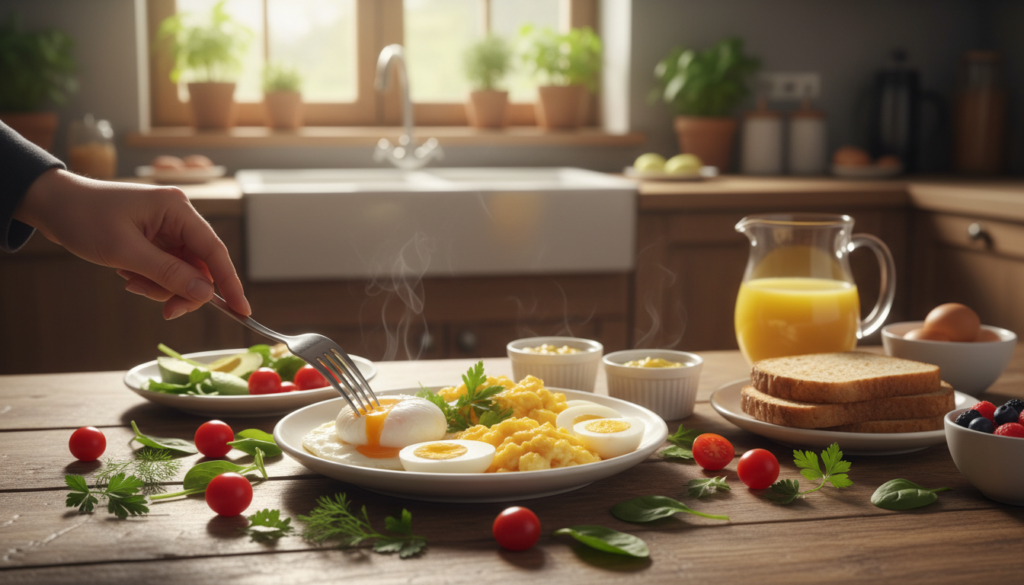 A close-up view of a healthy breakfast table centered around a plate of perfectly cooked eggs, highlighting various egg dishes such as poached, scrambled, and hard-boiled. In the foreground, a hand reaches out to pick up an egg with a fork, creating an inviting atmosphere. On the table, fresh vegetables like spinach, tomatoes, and herbs surround the eggs, conveying a sense of a balanced meal. The middle ground features a light-filled kitchen with a rustic wooden table and natural textures. In the background, soft morning light filters through a window, creating a warm glow. The composition suggests a focus on nutritious eating, emphasizing the topic of egg consumption and dietary safety, with a calm and informative mood.