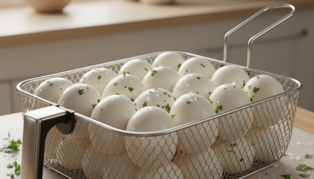 A close-up view of a shiny, metallic air fryer basket filled with perfectly boiled eggs, arranged neatly, showcasing their smooth, white surfaces. The background features a softly blurred kitchen setting with warm, ambient lighting that highlights the texture of the eggs. In the foreground, the focus is sharp on the basket, revealing its intricate mesh design and sturdy handle, while hints of flavorful garnishes like parsley and salt sprinkle around, adding color contrast. The composition offers an inviting and homely atmosphere, suggesting the ease and satisfaction of cooking with an air fryer. The angle is slightly elevated, giving a clear perspective of the filled basket, with soft shadows enhancing depth and dimension. A close-up view of a shiny, metallic air fryer basket filled with perfectly boiled eggs, arranged neatly, showcasing their smooth, white surfaces. The background features a softly blurred kitchen setting with warm, ambient lighting that highlights the texture of the eggs. In the foreground, the focus is sharp on the basket, revealing its intricate mesh design and sturdy handle, while hints of flavorful garnishes like parsley and salt sprinkle around, adding color contrast. The composition offers an inviting and homely atmosphere, suggesting the ease and satisfaction of cooking with an air fryer. The angle is slightly elevated, giving a clear perspective of the filled basket, with soft shadows enhancing depth and dimension.