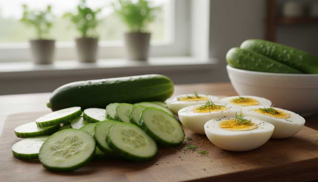 A close-up view of fresh, sliced cucumbers and perfectly boiled eggs arranged on a wooden cutting board. The cucumbers are vibrant green, their texture glistening with moisture, while the boiled eggs are halved, showcasing their creamy yolks against the soft white. In the background, there is a soft-focus kitchen setting with natural light streaming in, creating a warm and inviting atmosphere. The scene captures the essence of healthy eating, with a hint of freshness and simplicity. Use a slightly elevated angle to provide depth, emphasizing the colors and textures of the food. The overall mood should be bright, wholesome, and inspiring for healthy weight loss.
