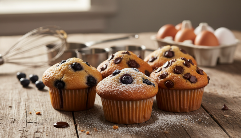 A close-up view of freshly baked muffins displayed on a rustic wooden table. The muffins are fluffy, golden-brown, and sprinkled with a variety of toppings such as blueberries, chocolate chips, and a light dusting of powdered sugar. In the background, there are kitchen tools like a whisk, measuring cups, and a carton of fresh eggs arranged neatly, hinting at meal prep. Soft, warm sunlight filters through a nearby window, creating a bright and inviting atmosphere. The camera angle is slightly above the muffins, emphasizing their texture and inviting appearance. The scene conveys a cozy, homely vibe, perfect for inspiring quick and easy meal prep.