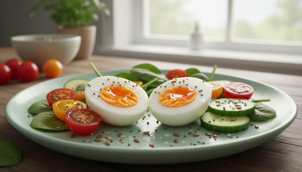 A detailed close-up of a perfectly boiled egg cut in half, showcasing its rich, creamy yolk, placed on a pastel-colored plate. Surrounding the egg are vibrant fresh vegetables, such as spinach, cherry tomatoes, and a scattering of seeds to highlight nutrition. The background features a soft focus of a kitchen setting with natural light filtering through a window, casting a warm and inviting glow. The angle is slightly elevated, capturing the textures and colors of the meal. The atmosphere is cozy and health-conscious, reflecting a nourishing and appealing culinary experience, emphasizing the importance of protein and choline. The composition invites viewers to appreciate the meal’s visual appeal and nutritional benefits. A detailed close-up of a perfectly boiled egg cut in half, showcasing its rich, creamy yolk, placed on a pastel-colored plate. Surrounding the egg are vibrant fresh vegetables, such as spinach, cherry tomatoes, and a scattering of seeds to highlight nutrition. The background features a soft focus of a kitchen setting with natural light filtering through a window, casting a warm and inviting glow. The angle is slightly elevated, capturing the textures and colors of the meal. The atmosphere is cozy and health-conscious, reflecting a nourishing and appealing culinary experience, emphasizing the importance of protein and choline. The composition invites viewers to appreciate the meal’s visual appeal and nutritional benefits.