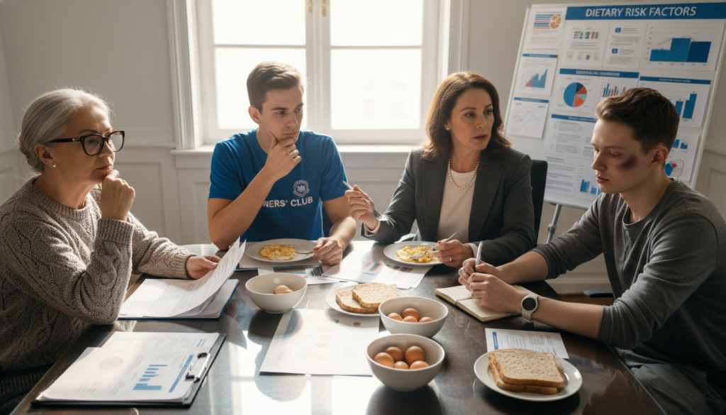 A diverse group of individuals in a professional setting, representing various demographics at risk of dietary issues, including an older woman with glasses, a young man with a sports shirt, a middle-aged woman in business attire, and a young adult with visible health concerns. They are seated around a conference table with eggs and nutritional charts spread out. The expressions are thoughtful and serious, suggesting the need for medical supervision regarding diets. Soft, natural lighting filters through a large window in the background, casting gentle shadows. The scene is shot from a slightly elevated angle, providing a comprehensive view of the group interaction. The overall mood is one of concern and professionalism, emphasizing the importance of safety in dietary choices.