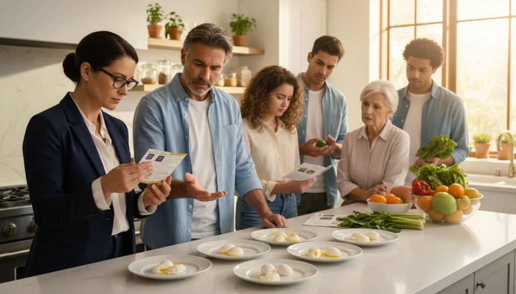 A diverse group of people in a bright, modern kitchen setting, each person exhibiting a thoughtful expression while examining a plate of eggs on the counter. In the foreground, a woman in professional attire with glasses is reading a food label, while a middle-aged man in a casual button-up shirt gestures towards the eggs. In the middle, a teenager looks to an elderly woman, who is shaking her head with concern as she holds a dietary pamphlet. The background features healthy food options and vibrant plants, with warm, natural lighting illuminating the scene, creating an atmosphere of contemplation and awareness about dietary choices. The image captures the theme of making informed decisions about egg consumption for health reasons without text or distractions.