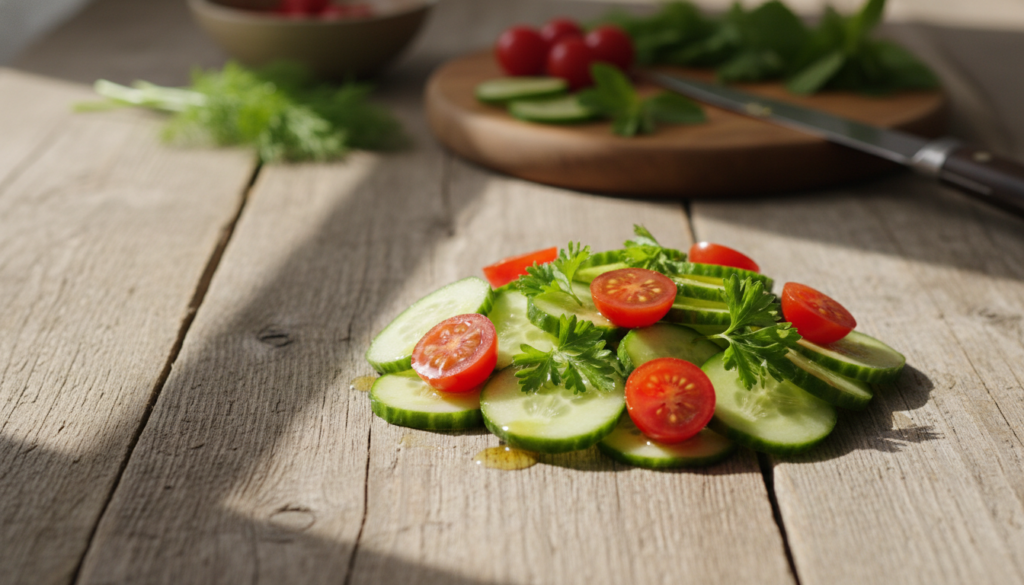 A fresh cucumber salad beautifully arranged on a rustic wooden table, highlighting the vibrant green hues of thinly sliced cucumbers and bright red cherry tomatoes intertwined with sprigs of parsley. The salad is drizzled with a light vinaigrette, glistening under soft, natural lighting that creates a warm and inviting atmosphere. In the background, a blurred image of fresh herbs and a cutting board adds depth and context without distraction. The scene is captured from a slightly elevated angle, emphasizing the texture and colors of the ingredients while maintaining a clean and appetizing look. The overall mood is fresh, healthy, and perfect for a light meal.