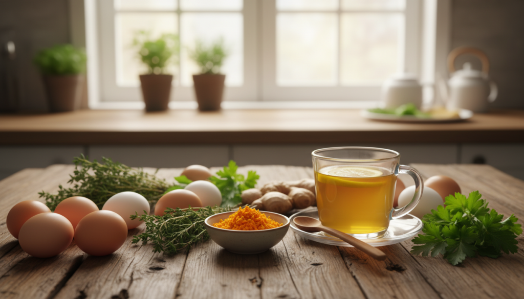 A fresh, rustic wooden table serves as the foreground, laden with a variety of eggs—brown, white, and speckled—surrounded by fresh herbs like thyme and parsley to symbolize health. In the middle ground, a small bowl filled with a vibrant turmeric and ginger blend sits next to a glass of golden turmeric tea, hinting at anti-inflammatory properties. The background features a soft-focused kitchen setting, with sunlight streaming through a window, creating a warm, inviting ambiance. The scene captures a sense of curiosity and exploration about the health benefits of eggs. Use soft, natural lighting to enhance the vibrant colors of the ingredients, resembling a serene and informative environment. The angle should be slightly above eye level to provide a comprehensive view of the arrangement, inviting the viewer into the composition.
