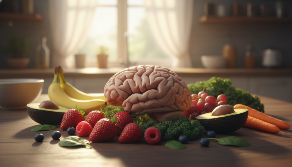 A hyper-realistic depiction of a human brain surrounded by colorful, mood-boosting foods such as vibrant fruits and vegetables, including yellow bananas, bright red berries, and green leafy greens. In the foreground, the brain is slightly angled, showcasing its intricate folds and textures. The middle ground features a well-organized arrangement of the foods, with a soft-focus effect enhancing their freshness and color vibrancy. The background is softly blurred, depicting a serene kitchen setting bathed in warm, natural lighting that conveys a sense of comfort and well-being. The overall atmosphere should feel inviting and optimistic, encouraging a connection between nutrition and mental health.