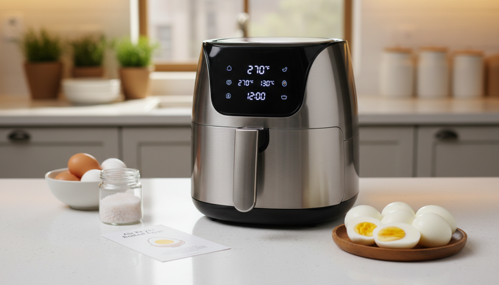 A modern air fryer with a sleek design is placed prominently in the foreground, showcasing its digital display set to the optimal temperature for boiling eggs, around 270°F (130°C). A close-up view of perfectly peeled boiled eggs sits beside the air fryer, highlighting the even cooking texture. In the middle ground, a clean kitchen countertop features ingredients like eggs and a pinch of salt, with a simple recipe card tucked in the corner. The background displays soft, warm lighting to create an inviting kitchen atmosphere. The scene is captured from a slightly elevated angle, focusing on the air fryer's display and the eggs, evoking a sense of ease and deliciousness in cooking. The overall mood is bright, fresh, and appetizing, perfect for culinary inspiration. A modern air fryer with a sleek design is placed prominently in the foreground, showcasing its digital display set to the optimal temperature for boiling eggs, around 270°F (130°C). A close-up view of perfectly peeled boiled eggs sits beside the air fryer, highlighting the even cooking texture. In the middle ground, a clean kitchen countertop features ingredients like eggs and a pinch of salt, with a simple recipe card tucked in the corner. The background displays soft, warm lighting to create an inviting kitchen atmosphere. The scene is captured from a slightly elevated angle, focusing on the air fryer's display and the eggs, evoking a sense of ease and deliciousness in cooking. The overall mood is bright, fresh, and appetizing, perfect for culinary inspiration.