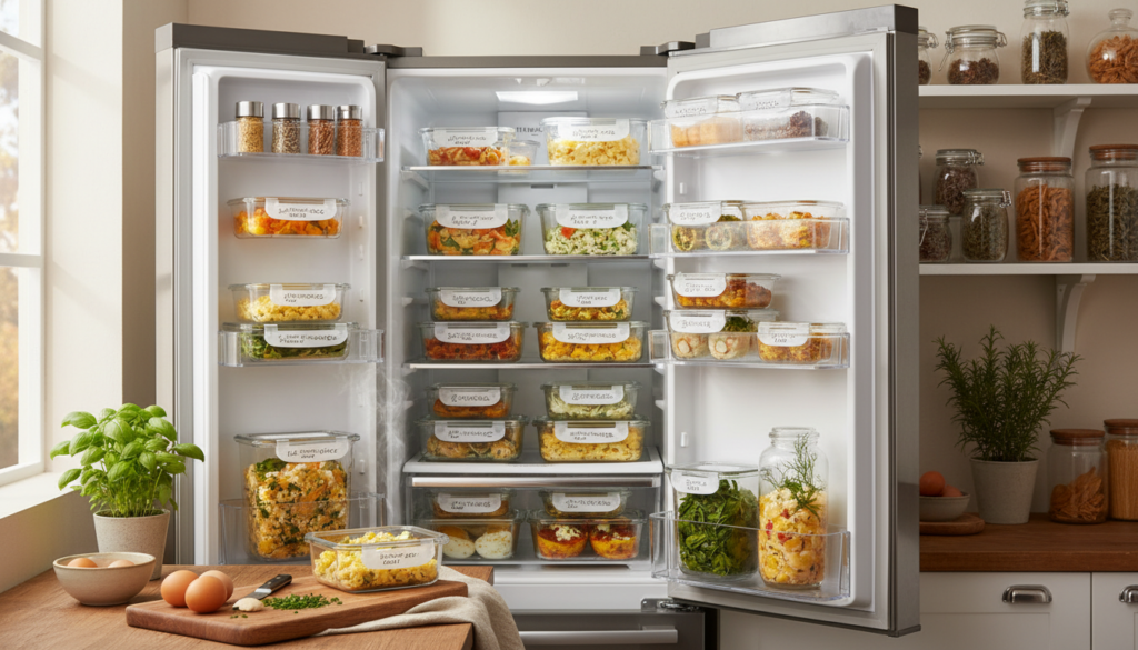 A modern kitchen scene centered around an open fridge filled with neatly organized containers of egg meals in various stages of meal prep. In the foreground, display a wooden countertop with a few fresh eggs and a cutting board, setting a cozy atmosphere. The middle ground focuses on the fridge, which showcases bright, colorful meals stored in clear, labeled containers, with steam rising from a reheated dish to emphasize freshness. The background features elegant kitchen shelves with herbs and spices, softly illuminated by natural daylight streaming through a nearby window. Use a warm color palette to evoke a sense of comfort and convenience in meal prep. The overall mood should be inviting and practical, conveying a sense of ease for busy individuals managing their egg meal preparations.