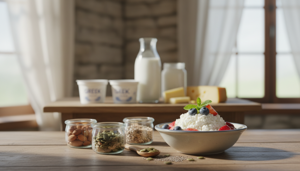 A rustic wooden table set in a cozy kitchen bathed in soft, natural light. In the foreground, a bowl of fluffy cottage cheese is artfully garnished with fresh berries—blueberries, strawberries, and a sprig of mint, creating a vibrant contrast. Surrounding the bowl are small glass jars filled with nuts and seeds, emphasizing a healthy snacking theme. The middle layer features a softly blurred backdrop of a shelf with dairy products, such as yogurt and cheese, hinting at a dairy-centric snack exploration. Warm, inviting colors and a slight bokeh effect enhance the homely feel, while the overall atmosphere conveys a sense of comfort and nourishment, perfect for a satisfying low-carb, high-protein snack. A rustic wooden table set in a cozy kitchen bathed in soft, natural light. In the foreground, a bowl of fluffy cottage cheese is artfully garnished with fresh berries—blueberries, strawberries, and a sprig of mint, creating a vibrant contrast. Surrounding the bowl are small glass jars filled with nuts and seeds, emphasizing a healthy snacking theme. The middle layer features a softly blurred backdrop of a shelf with dairy products, such as yogurt and cheese, hinting at a dairy-centric snack exploration. Warm, inviting colors and a slight bokeh effect enhance the homely feel, while the overall atmosphere conveys a sense of comfort and nourishment, perfect for a satisfying low-carb, high-protein snack.