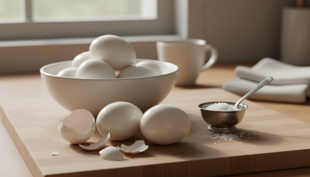 A serene kitchen countertop scene featuring a bowl of freshly boiled eggs, some with their shells effortlessly peeled away, revealing smooth, pristine whites. In the foreground, a few eggs are shown half-peeled with delicate pieces of shell resting beside them. The middle ground includes a small dish of salt with a spoon, hinting at seasoning. In the background, soft lighting filters through a nearby window, creating a warm and inviting atmosphere. The eggs are arranged neatly on a light-colored wooden surface, emphasizing their clean appearance. The composition conveys a sense of simplicity and ease, capturing the essential tips for peeling eggs smoothly and efficiently. The focus is sharp, with a shallow depth of field to enhance the inviting mood of the kitchen environment.