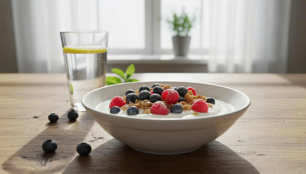 A serene kitchen scene featuring a bowl of creamy Greek yogurt as the focal point, placed on a rustic wooden table. The yogurt is topped with fresh berries—blueberries, raspberries, and a sprinkle of granola—creating a colorful contrast. In the background, soft morning sunlight filters through a window, casting warm, inviting shadows. On the side, a glass of refreshing water with a slice of lemon adds to the healthy breakfast theme. The angle is slightly elevated, providing a clear view of the yogurt's texture while maintaining a casual yet polished aesthetic. The atmosphere is bright and cheerful, emphasizing health and wellness, ideal for a nutritious breakfast setting.