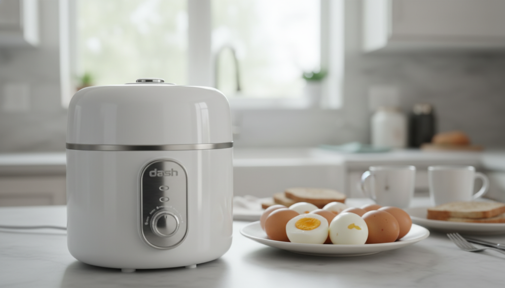 A sleek Dash Rapid Egg Cooker designed for cooking a dozen eggs at once sits prominently in the foreground. The cooker is a glossy white with stainless steel accents, showcasing its modern design and easy-to-use interface. In the middle, a dozen perfectly cooked eggs are arranged neatly on a plate, their shells slightly cracked to reveal the golden yolks inside. The background features a bright, airy kitchen with soft, natural lighting coming from a window, enhancing the freshness of the scene. A subtle reflection plays off the surface of the cooker, capturing its elegance. The atmosphere is inviting and warm, suggesting a family breakfast setting, with a hint of culinary excitement.