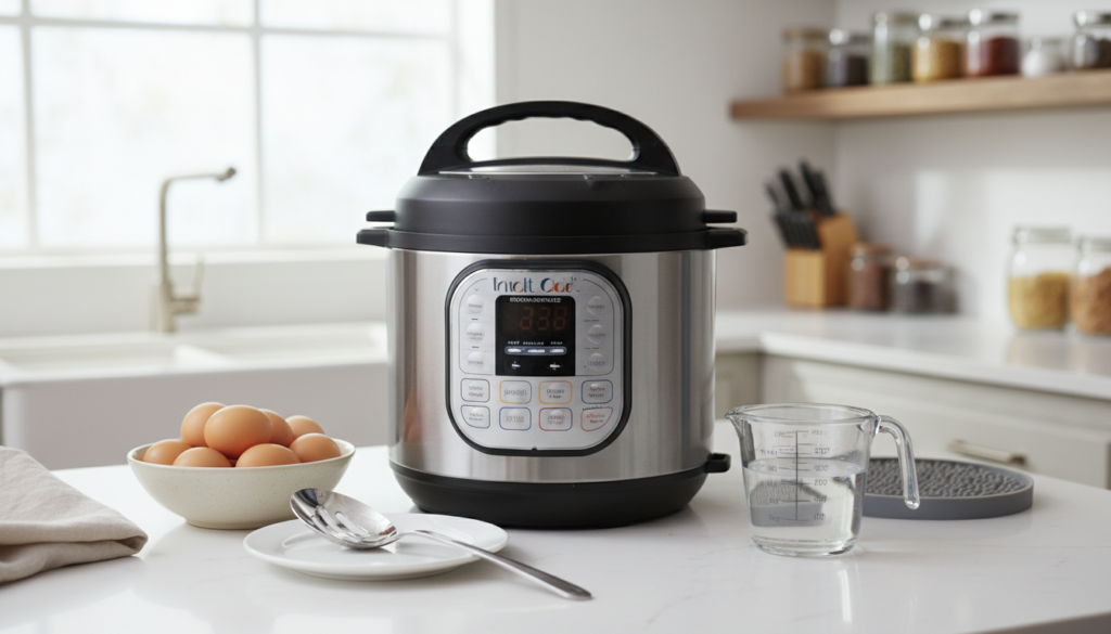 A sleek, modern Instant Pot placed prominently on a clean, white kitchen countertop. Surrounding the Instant Pot are essential ingredients for boiled eggs: a bowl of fresh, brown eggs, a measuring cup filled with water, and utensils like a slotted spoon and a trivet. Soft, natural light pours in from a nearby window, creating a warm and inviting atmosphere. In the background, slightly blurred, there are glimpses of kitchen shelves lined with spices and cooking tools, adding to the cozy, homey feel. The scene captures the essence of a quick and foolproof cooking method, highlighting the Instant Pot as the star of the image with a focus on simplicity and efficiency.