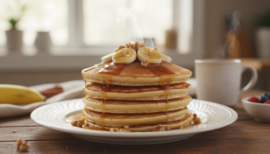 A stack of golden brown banana pancakes, fluffy and thick, topped with fresh banana slices and a drizzle of warm maple syrup. The pancakes sit elegantly on a white ceramic plate, garnished with a sprinkle of cinnamon and chopped walnuts for added texture. In the background, a softly blurred kitchen setting with natural light streaming through a window, creating a warm and inviting atmosphere. The focus tight on the pancakes, shot from a slight overhead angle to capture the layers and toppings clearly, with soft shadows enhancing the three-dimensional quality. The mood is cozy and wholesome, perfect for a delicious anti-inflammatory breakfast.