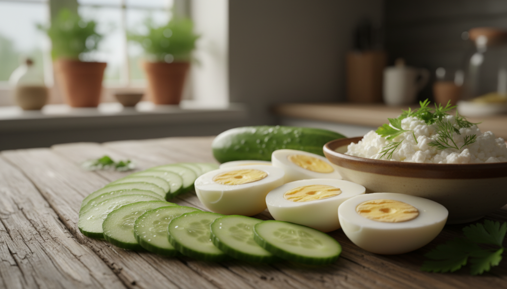 A vibrant and colorful arrangement of fresh cucumbers and boiled eggs on a rustic wooden table. In the foreground, showcase sliced cucumbers arranged in a circular pattern, glistening with dew for freshness. Beside them, perfectly peeled boiled eggs cut in half, revealing their soft yellow yolks. In the middle ground, a small bowl of cottage cheese garnished with fresh herbs sits next to the cucumber and egg display, symbolizing health and nutrition. Soft, natural lighting illuminates the scene, casting gentle shadows and enhancing textures of the food items. The background features a blurred kitchen setting, suggesting a wholesome home-cooked atmosphere. The overall mood is inviting, promoting healthy eating and wellness with a focus on natural ingredients.