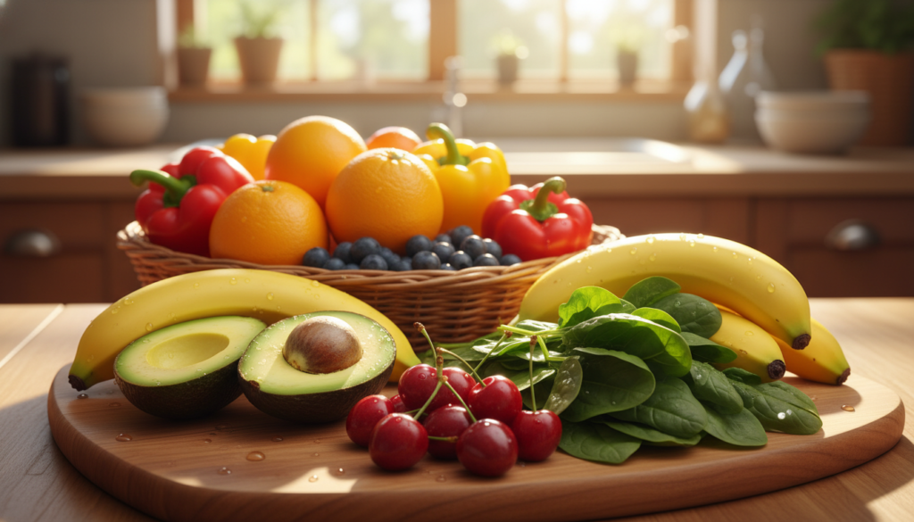 A vibrant and colorful arrangement of mood-boosting fruits and vegetables, featuring lush, ripe avocados, bright yellow bananas, juicy red cherries, and leafy green spinach, all artistically arranged in an inviting manner. In the foreground, a gleaming wooden cutting board showcases the fresh produce, with droplets of water glistening on the surface. The middle layer includes a rustic basket overflowing with seasonal harvests, such as oranges, blueberries, and bell peppers, creating an inviting ambiance. The background features a softly blurred kitchen setting bathed in warm, natural light, suggesting a cozy and healthy cooking atmosphere. The overall mood conveys happiness and vitality, encouraging a sense of well-being and nourishment.