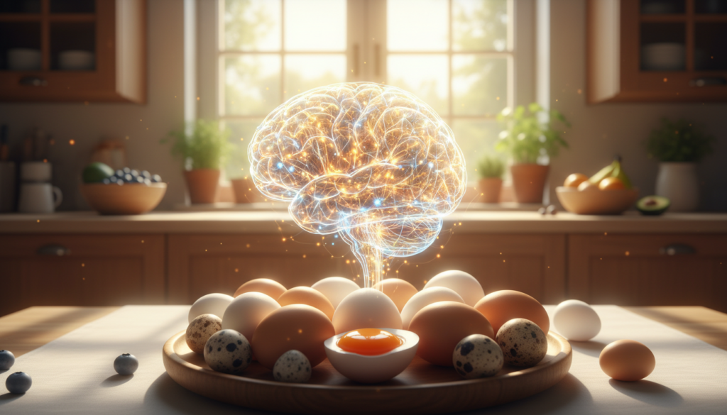 A vibrant and detailed illustration representing brain health in relation to aging. In the foreground, a human brain glowing with luminous neurons and synapses, symbolizing cognitive activity and vitality. The middle ground features an assortment of eggs—various types and colors—arranged artfully to highlight their nutritional connection to brain health. In the background, a serene setting of a sunlit kitchen or dining area, with soft natural light streaming in through a window, creating a warm and inviting atmosphere. The overall mood is optimistic and nurturing, emphasizing well-being and longevity. Use a wide-angle lens to enhance depth and focus on the brain and eggs, ensuring clarity in textures and colors. No text or additional elements should distract from the central theme.