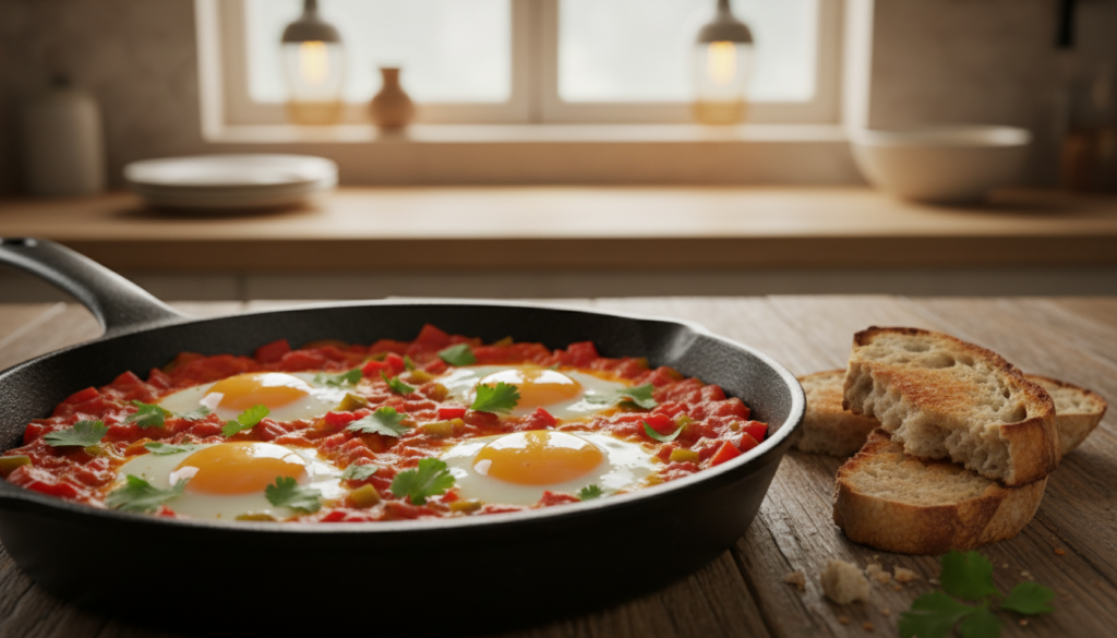 A vibrant and inviting close-up of a skillet filled with delicious shakshuka, featuring perfectly poached eggs nestled in a rich tomato and bell pepper sauce. The foreground showcases the glossy, runny yolks, surrounded by chunks of ripe red tomatoes, bright green bell peppers, and fresh herbs like parsley, adding color and texture. In the middle, the skillet is set on a rustic wooden table, with a few slices of crusty bread for dipping. The background reveals a softly blurred kitchen setting with warm, ambient lighting that enhances the appetizing colors of the dish, creating a cozy and homely atmosphere. The angle captures the dish from slightly above, emphasizing the meal's details while inviting viewers to experience the warmth of a Mediterranean breakfast.