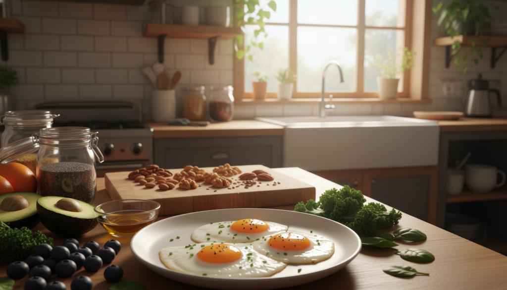 A vibrant and inviting kitchen scene showcasing a variety of healthy foods that promote brain health, with eggs as the focal point. In the foreground, a beautifully arranged plate of sunny-side-up eggs sits next to a colorful array of fruits and vegetables, such as blueberries, avocados, and leafy greens. The middle ground features a wooden cutting board with chopped nuts and a small bowl of olive oil. In the background, soft natural light streams through a window, casting warm hues across the space, creating an uplifting and energetic atmosphere. The overall mood is fresh and wholesome, emphasizing a balanced brain-healthy diet. Use a slightly elevated angle to capture the depth of the scene, enhancing the visual appeal without overwhelming the viewer.