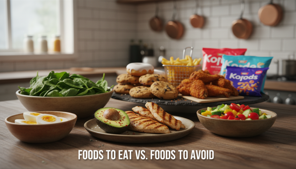A vibrant and visually organized display of "Foods to Eat vs. Foods to Avoid". In the foreground, on a wooden table, feature an appetizing arrangement of healthy foods to eat, such as boiled eggs, leafy greens, grilled chicken, avocados, and colorful vegetables, beautifully plated in rustic bowls. In contrast, present foods to avoid in the middle ground, like sugary snacks, fried items, and processed foods, artfully placed on a separate platter. The background consists of a softly blurred kitchen setting with warm, natural lighting illuminating the scene, creating a cozy yet informative atmosphere. Use a shallow depth of field to focus on the food arrangements, ensuring both sides are clearly visible and distinguishable, encapsulating the theme of healthy eating choices.