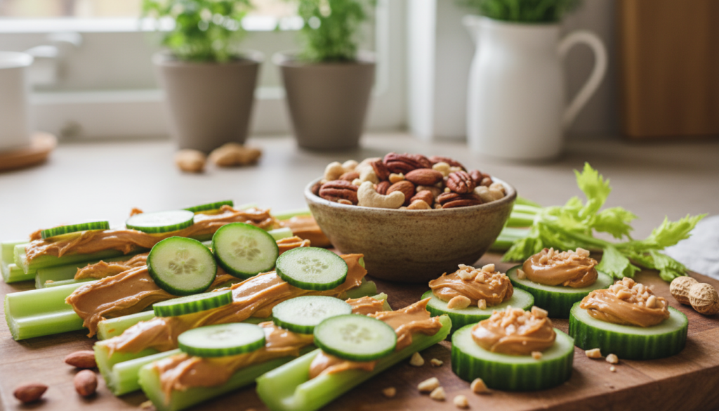 A vibrant, appetizing display of peanut butter celery and cucumber, artfully arranged on a rustic wooden board. In the foreground, a thick layer of creamy peanut butter is generously spread on crisp, fresh celery sticks, topped with thin slices of cool cucumber. The vibrant green of the vegetables contrasts beautifully with the rich brown of the peanut butter. In the middle ground, a small bowl filled with roasted nuts adds texture and interest. The background features a softly blurred kitchen setting with natural light streaming in, creating a warm, inviting atmosphere. The composition is shot from a slightly elevated angle to capture the textures and colors, evoking a sense of health and vitality, perfect for a snack that feels like a satisfying mini meal. A vibrant, appetizing display of peanut butter celery and cucumber, artfully arranged on a rustic wooden board. In the foreground, a thick layer of creamy peanut butter is generously spread on crisp, fresh celery sticks, topped with thin slices of cool cucumber. The vibrant green of the vegetables contrasts beautifully with the rich brown of the peanut butter. In the middle ground, a small bowl filled with roasted nuts adds texture and interest. The background features a softly blurred kitchen setting with natural light streaming in, creating a warm, inviting atmosphere. The composition is shot from a slightly elevated angle to capture the textures and colors, evoking a sense of health and vitality, perfect for a snack that feels like a satisfying mini meal.