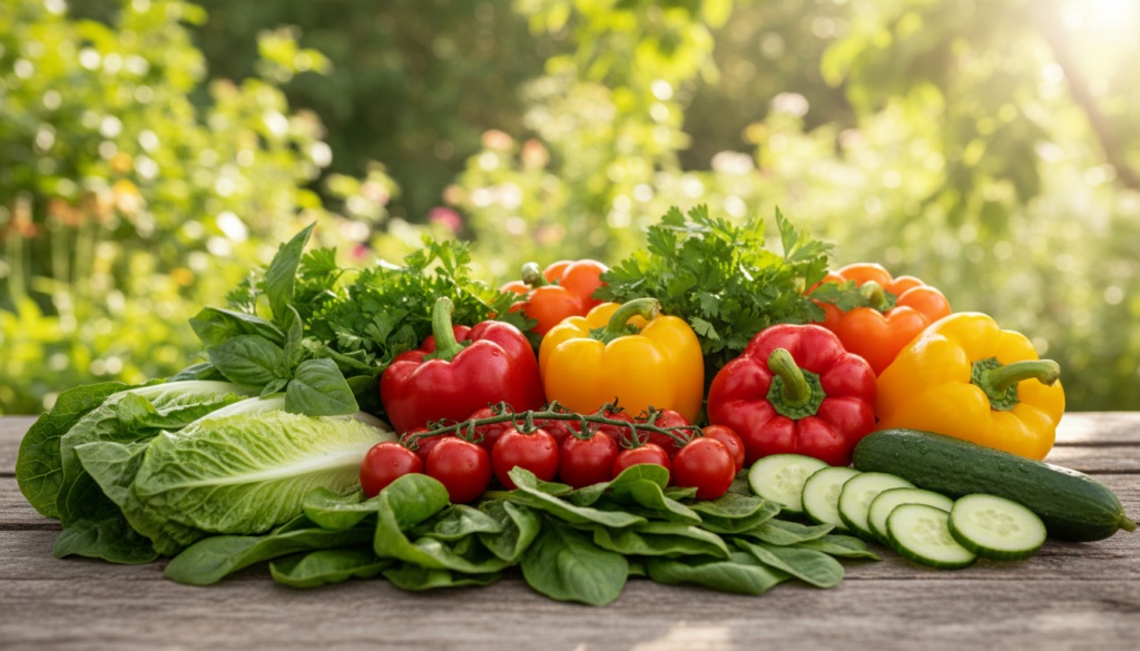 A vibrant assortment of fresh vegetables and greens artistically arranged on a rustic wooden table. In the foreground, bright green spinach, crisp romaine lettuce, and crunchy cucumbers create a colorful base. In the middle, juicy red tomatoes and vibrant bell peppers add pops of color, alongside fragrant herbs like parsley and basil. The background features a softly blurred garden setting with sun-drenched greens. Natural sunlight filters through the leaves, casting a warm glow over the scene, enhancing the freshness of the vegetables. Use a shallow depth of field to focus on the details of the vegetables while softly blurring the background. Aim for a wholesome and inviting atmosphere that conveys the essence of healthy eating.