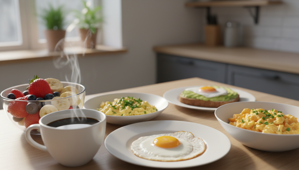 A vibrant breakfast table set with dishes showcasing eggs in various forms: a perfectly plated sunny-side-up egg, scrambled eggs with herbs, and a slice of avocado on whole grain toast. In the foreground, include a steaming cup of coffee and a fresh fruit bowl with berries and bananas, symbolizing a brain-boosting meal. The middle ground features a gentle morning light casting a warm glow over the scene, creating an inviting atmosphere. In the background, there is a soft-focus kitchen environment with green plants and natural wooden textures, reinforcing a healthy lifestyle. Capture the image at a slight overhead angle to highlight the food's textures while evoking a sense of mindfulness and clarity.