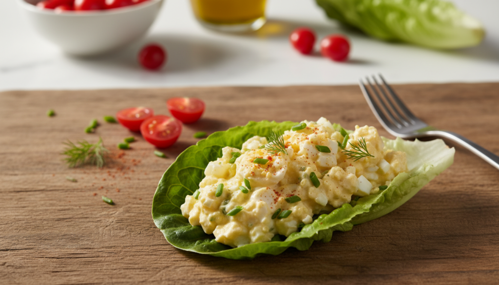 A vibrant close-up image of a healthy egg salad lettuce wrap, beautifully arranged on a rustic wooden table. In the foreground, crisp green lettuce leaves cradle a creamy, flavorful egg salad, dotted with bright yellow yolks and fresh herbs like dill and chives. The middle ground features sliced cherry tomatoes and a sprinkle of paprika for a pop of color. Soft, natural lighting floods in from the left, casting gentle shadows that add depth to the scene. The background is softly blurred, showcasing a clean kitchen countertop with hints of fresh vegetables and utensils, creating a fresh, home-cooked atmosphere. The overall mood is inviting and wholesome, perfect for conveying the enjoyment of healthy eating. A vibrant close-up image of a healthy egg salad lettuce wrap, beautifully arranged on a rustic wooden table. In the foreground, crisp green lettuce leaves cradle a creamy, flavorful egg salad, dotted with bright yellow yolks and fresh herbs like dill and chives. The middle ground features sliced cherry tomatoes and a sprinkle of paprika for a pop of color. Soft, natural lighting floods in from the left, casting gentle shadows that add depth to the scene. The background is softly blurred, showcasing a clean kitchen countertop with hints of fresh vegetables and utensils, creating a fresh, home-cooked atmosphere. The overall mood is inviting and wholesome, perfect for conveying the enjoyment of healthy eating.