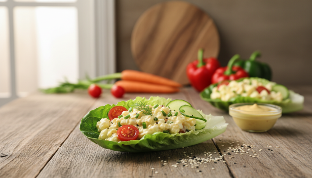 A vibrant, close-up view of a healthy egg salad lettuce wrap neatly arranged on a rustic wooden table. The foreground features a fresh, green romaine lettuce leaf filled with creamy egg salad, dotted with herbs like dill and chives, garnished with slices of cherry tomatoes and crunchy cucumbers. The middle ground shows a light scattering of sesame seeds and a bowl of mustard dressing beside the wrap. In the background, softly blurred kitchen items such as a wooden cutting board, fresh vegetables, and a hint of sunlight filtering through a window create a warm, inviting atmosphere. The image captures a bright and fresh feeling, highlighting the wholesome ingredients in natural daylight to emphasize healthiness and appeal. A vibrant, close-up view of a healthy egg salad lettuce wrap neatly arranged on a rustic wooden table. The foreground features a fresh, green romaine lettuce leaf filled with creamy egg salad, dotted with herbs like dill and chives, garnished with slices of cherry tomatoes and crunchy cucumbers. The middle ground shows a light scattering of sesame seeds and a bowl of mustard dressing beside the wrap. In the background, softly blurred kitchen items such as a wooden cutting board, fresh vegetables, and a hint of sunlight filtering through a window create a warm, inviting atmosphere. The image captures a bright and fresh feeling, highlighting the wholesome ingredients in natural daylight to emphasize healthiness and appeal.