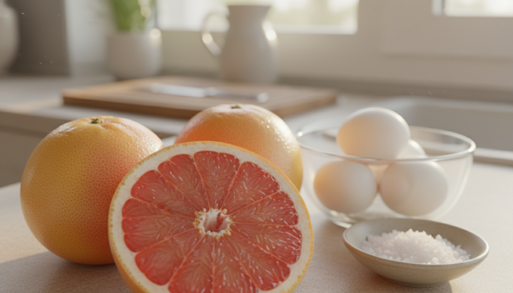 A vibrant composition showcasing the health benefits of grapefruit, emphasizing its bright pink and yellow hues. In the foreground, a halved grapefruit reveals its juicy, glistening segments, surrounded by a few whole fruits to accentuate freshness. The middle ground features a clear glass bowl filled with boiled eggs, positioned alongside a small dish of sea salt, symbolizing the diet. In the background, a softly blurred kitchen setting with natural light streaming through a window creates a warm and inviting atmosphere. Use a shallow depth of field to focus on the grapefruit and eggs, highlighting their textures. The overall mood is healthy and uplifting, conveying a sense of vitality and wellness.