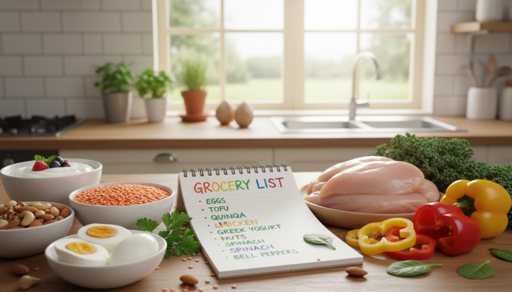 A vibrant grocery list featuring protein-rich foods suitable for a menopause-smart diet. In the foreground, a neatly arranged wooden table displays items like eggs, Greek yogurt, chicken breasts, lentils, and a variety of nuts, all with fresh greens for contrast. In the middle, a colorful grocery list on a notepad details items like "eggs," "tofu," and "quinoa," surrounded by a few fresh vegetables such as spinach and bell peppers. The background has a soft, bright kitchen atmosphere with light streaming in through a window, creating a warm, inviting feel. The overall mood is health-focused and supportive, emphasizing nutritious options for wellness. Use soft natural lighting to highlight textures and colors while maintaining a clean, organized appearance.