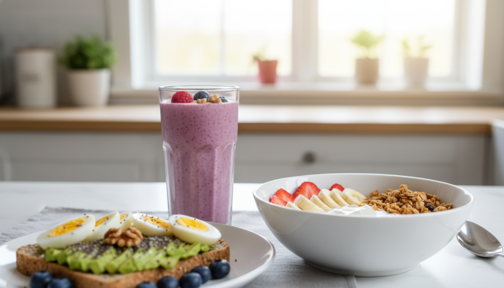 A vibrant kitchen scene showcasing a selection of fast high-protein breakfasts. In the foreground, an elegantly arranged table features a protein smoothie in a sleek glass, topped with berries and nuts, alongside a plate of avocado toast sprinkled with chia seeds and slices of hard-boiled eggs. In the middle, there's a bowl filled with Greek yogurt, fresh fruit, and granola, exuding freshness and health. The background includes a sunny window with soft, natural light filtering through, illuminating the space and creating a cheerful atmosphere. The lens captures the detail of textures, from smooth yogurt to crunchy granola, emphasizing a mood of vitality and energy. The composition is inviting and appetizing, ideal for a health-focused audience.