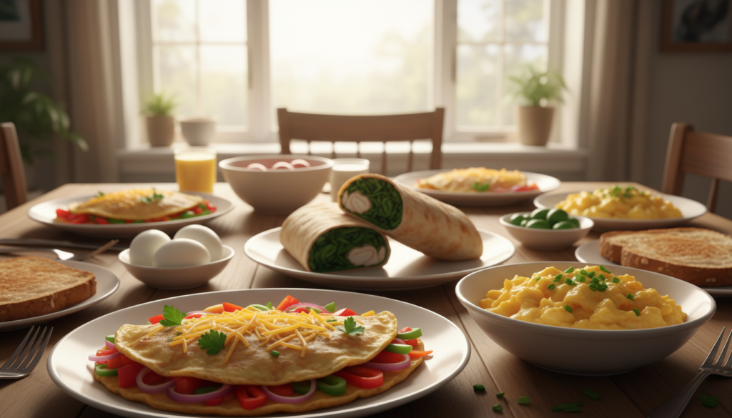 A vibrant kitchen scene showcasing an array of budget-friendly, high-protein breakfast dishes featuring eggs. In the foreground, a beautifully plated omelet filled with colorful vegetables and herbs, garnished with a sprinkle of cheese. Beside it, a bowl of scrambled eggs topped with fresh chives, and a slice of whole-grain toast. In the middle, a wooden table with various breakfast items like a hearty egg and spinach breakfast wrap, and a small dish of hard-boiled eggs. The background features a sunny window with natural light illuminating the scene, creating a warm and inviting atmosphere. The angle is slightly overhead, emphasizing the food's textures and colors, evoking a sense of health and nourishment. A vibrant kitchen scene showcasing an array of budget-friendly, high-protein breakfast dishes featuring eggs. In the foreground, a beautifully plated omelet filled with colorful vegetables and herbs, garnished with a sprinkle of cheese. Beside it, a bowl of scrambled eggs topped with fresh chives, and a slice of whole-grain toast. In the middle, a wooden table with various breakfast items like a hearty egg and spinach breakfast wrap, and a small dish of hard-boiled eggs. The background features a sunny window with natural light illuminating the scene, creating a warm and inviting atmosphere. The angle is slightly overhead, emphasizing the food's textures and colors, evoking a sense of health and nourishment.
