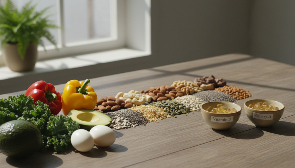 A visually appealing composition showcasing various nutrients essential for a healthy diet, laid out on a rustic wooden table. In the foreground, vibrant vegetables like kale, bell peppers, and avocados create a colorful display alongside boiled eggs. In the middle ground, neatly arranged nuts and seeds add texture, while small bowls contain vitamins and minerals such as vitamin D and Omega-3. The background should feature soft, natural lighting filtering through a window, casting gentle shadows. A blurred plant in the corner adds a touch of freshness, enhancing the overall atmosphere of health and vitality. The scene should evoke a sense of balance and nourishment, reflecting the importance of nutrients in a well-rounded diet. A visually appealing composition showcasing various nutrients essential for a healthy diet, laid out on a rustic wooden table. In the foreground, vibrant vegetables like kale, bell peppers, and avocados create a colorful display alongside boiled eggs. In the middle ground, neatly arranged nuts and seeds add texture, while small bowls contain vitamins and minerals such as vitamin D and Omega-3. The background should feature soft, natural lighting filtering through a window, casting gentle shadows. A blurred plant in the corner adds a touch of freshness, enhancing the overall atmosphere of health and vitality. The scene should evoke a sense of balance and nourishment, reflecting the importance of nutrients in a well-rounded diet.