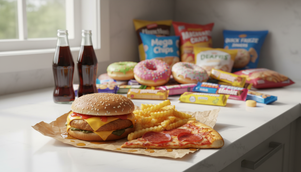 A visually striking arrangement of foods to avoid for weight loss, presented on a clean, white kitchen countertop. In the foreground, prominently feature a pile of greasy fast food items like burgers, fries, and pizza, showcasing their oiliness and unhealthiness. In the middle ground, place sugary snacks like donuts, candy bars, and soda, emphasizing their colorful wrappers and sugary textures. In the background, include a blurred assortment of processed foods like chips and frozen meals, suggesting a cluttered pantry. Natural light streams in from a window, casting soft shadows and enhancing the vivid colors of the unhealthy foods. The overall atmosphere feels cautionary yet informative, as if guiding viewers to make better dietary choices. A visually striking arrangement of foods to avoid for weight loss, presented on a clean, white kitchen countertop. In the foreground, prominently feature a pile of greasy fast food items like burgers, fries, and pizza, showcasing their oiliness and unhealthiness. In the middle ground, place sugary snacks like donuts, candy bars, and soda, emphasizing their colorful wrappers and sugary textures. In the background, include a blurred assortment of processed foods like chips and frozen meals, suggesting a cluttered pantry. Natural light streams in from a window, casting soft shadows and enhancing the vivid colors of the unhealthy foods. The overall atmosphere feels cautionary yet informative, as if guiding viewers to make better dietary choices.