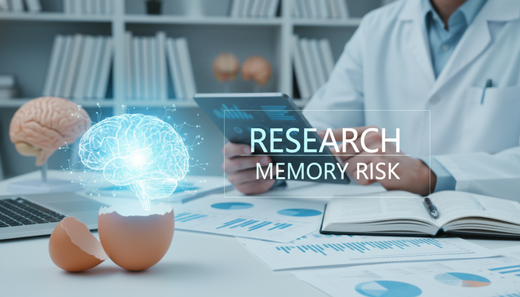 A visually striking image depicting the concept of "research memory risk" in relation to brain health and nutrition. In the foreground, a close-up of a cracked eggshell revealing a glowing brain filled with neural pathways, symbolizing the connection between eggs and cognitive enhancement. The middle ground features a scientist in a lab coat examining data on a digital tablet, surrounded by notes and colorful charts illustrating memory research. In the background, soft-focus shelves filled with books and brain models create an academic atmosphere. The lighting should be bright and clinical, emphasizing clarity and focus, with a cool color palette of blues and whites to evoke a sense of professionalism. The overall mood should be inspiring and thought-provoking.