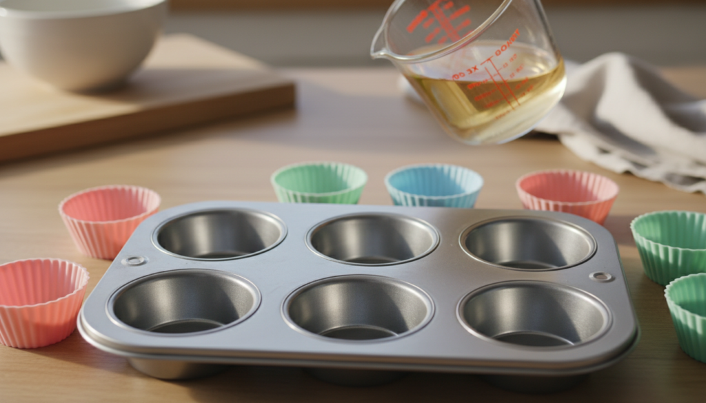 A well-worn yet pristine metal muffin pan sits prominently in the foreground, displaying six empty cavities, rustling with light reflections that highlight its shiny surface. Surrounding the muffin pan, several colorful silicone cups are arranged artistically, showcasing pastel hues of pink, blue, and green to evoke a vibrant kitchen atmosphere. In the middle ground, a clear glass measuring cup filled with liquid is tilted slightly, hinting at culinary preparation. The background is softly blurred to suggest a cozy kitchen setting, with warm, natural lighting casting a gentle glow over the scene, creating an inviting ambiance. The composition is shot from a top-down angle, emphasizing the tools' usability while ensuring a clean and modern aesthetic, perfect for a culinary focus.