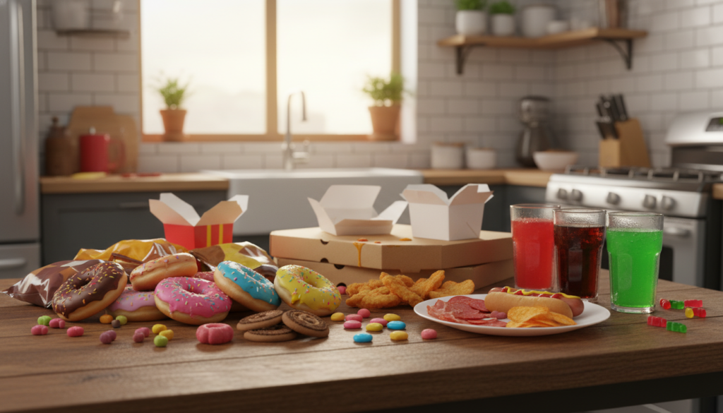 An aesthetically arranged display of unhealthy foods to avoid for a diet, emphasizing common items like sugary snacks, fried foods, and processed meats. In the foreground, a colorful array of donuts, chips, and sugary drinks are artfully scattered on a wooden kitchen table, showcasing their vibrant packaging. In the middle ground, a few empty fast-food containers and takeout boxes suggest indulgence. The background features a softly focused modern kitchen setting with warm, natural lighting streaming in from a window, creating a cozy yet cautionary atmosphere. The overall mood is informative and thought-provoking, encouraging viewers to make healthier choices while clearly depicting the foods to limit or avoid for better dietary results. The camera angle is slightly above eye level, allowing for a comprehensive view of the food items without any distractions or text overlays. An aesthetically arranged display of unhealthy foods to avoid for a diet, emphasizing common items like sugary snacks, fried foods, and processed meats. In the foreground, a colorful array of donuts, chips, and sugary drinks are artfully scattered on a wooden kitchen table, showcasing their vibrant packaging. In the middle ground, a few empty fast-food containers and takeout boxes suggest indulgence. The background features a softly focused modern kitchen setting with warm, natural lighting streaming in from a window, creating a cozy yet cautionary atmosphere. The overall mood is informative and thought-provoking, encouraging viewers to make healthier choices while clearly depicting the foods to limit or avoid for better dietary results. The camera angle is slightly above eye level, allowing for a comprehensive view of the food items without any distractions or text overlays.