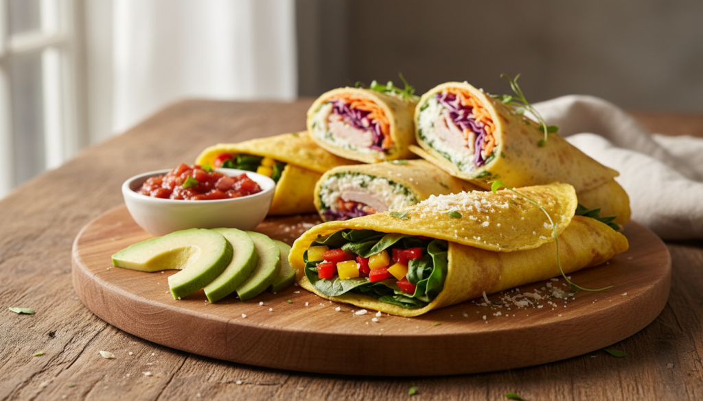 Close-up of a beautifully arranged platter of low carb egg wraps, showcasing vibrant ingredients. In the foreground, a neatly rolled egg wrap filled with fresh spinach, diced bell peppers, and a sprinkle of cheese sits next to avocado slices and a small bowl of salsa. The mid-ground features additional egg wraps, some cut in half to reveal their colorful fillings. The background presents a rustic wooden table, softly illuminated by natural light filtering through a nearby window, creating a warm and inviting atmosphere. The overall composition is appetizing and showcases a healthy, delicious alternative to traditional bread, perfect for a low carb diet. Soft focus on the background enhances the appeal of the wraps.