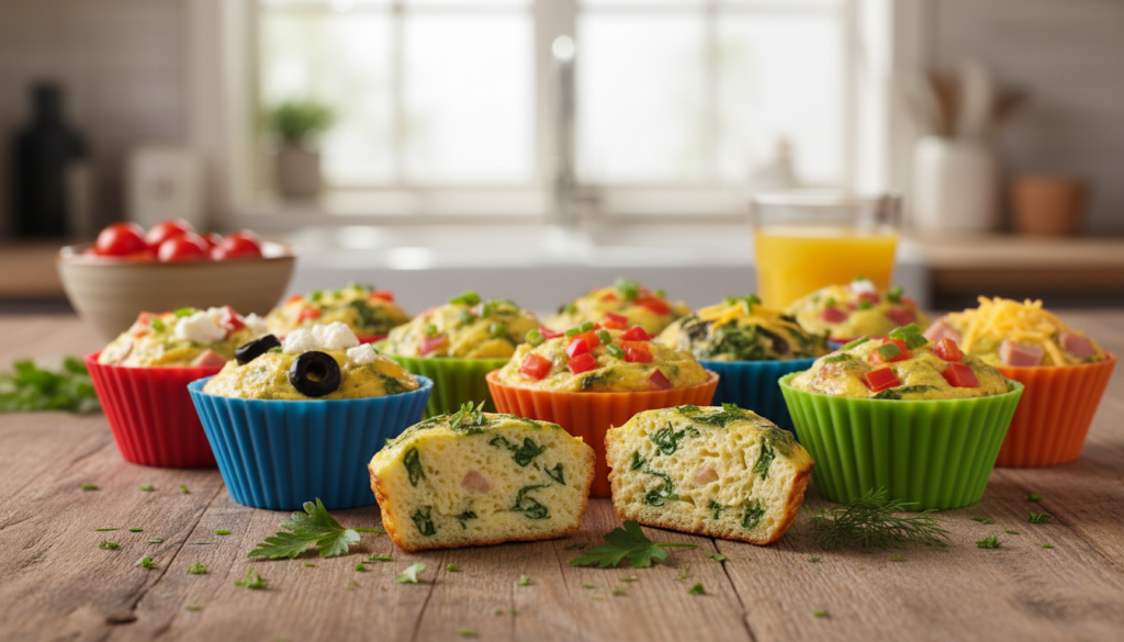 Delicious meal-prep egg bites arranged in colorful silicone muffin cups, showcasing a variety of ingredients like spinach, bell peppers, and cheese. The foreground features a few perfectly cooked egg bites cut in half to reveal their fluffy interior, with a sprinkle of fresh herbs on top. In the middle, a vibrant array of different egg cups adds visual interest, each one filled with various nutritious fillings. In the background, a softly blurred kitchen setting with natural light streaming in through a window creates an inviting atmosphere. The image should have a warm, cozy feel, emphasizing health and convenience, shot from a slightly elevated angle for a dynamic perspective. Clean lines and a rustic wooden table enhance the overall appeal.