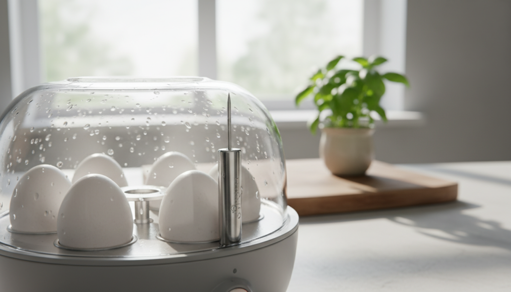 In a bright, modern kitchen setting, focus on a sleek egg piercing tool placed prominently inside an elegant egg cooker. The foreground features the shiny metal piercing tool, with its delicate needle highlighted, showing intricate details. The middle section showcases the egg cooker with a transparent lid, revealing a few pristine eggs nestled inside, ready for cooking. In the background, soft-focus kitchen elements like herbs, a cutting board, and light streaming through a window create a warm and inviting atmosphere. The lighting is bright and natural, capturing the gleam of stainless steel and the texture of the eggshells, with a shallow depth of field to emphasize the tool and cooker. The overall mood is clean, functional, and contemporary, inviting curiosity about the egg cooking process.