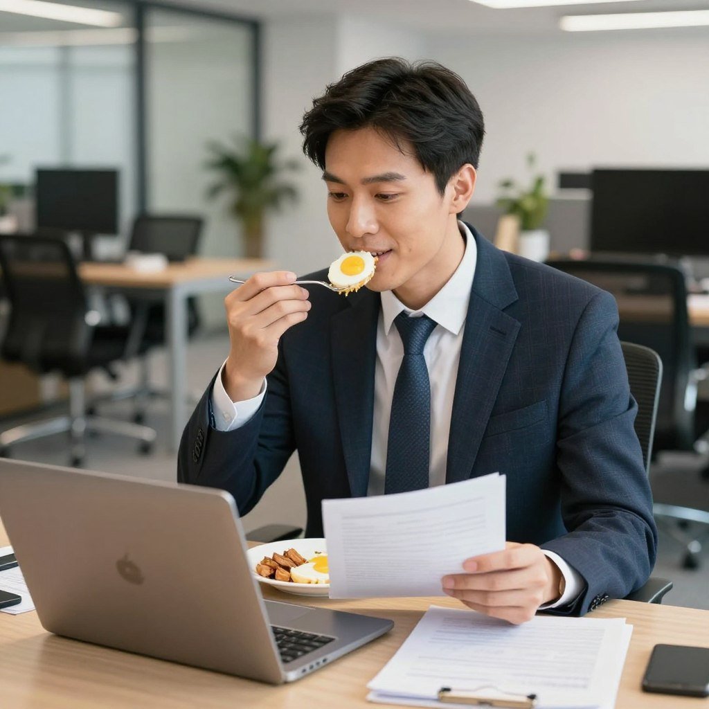 Professional looking relaxed while eating a simple egg-based lunch