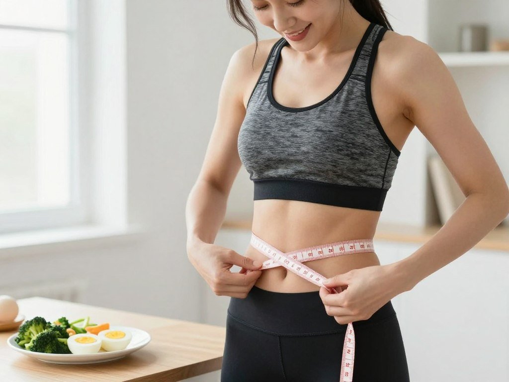 Woman measuring waist after following egg diet meal plan to lose weight