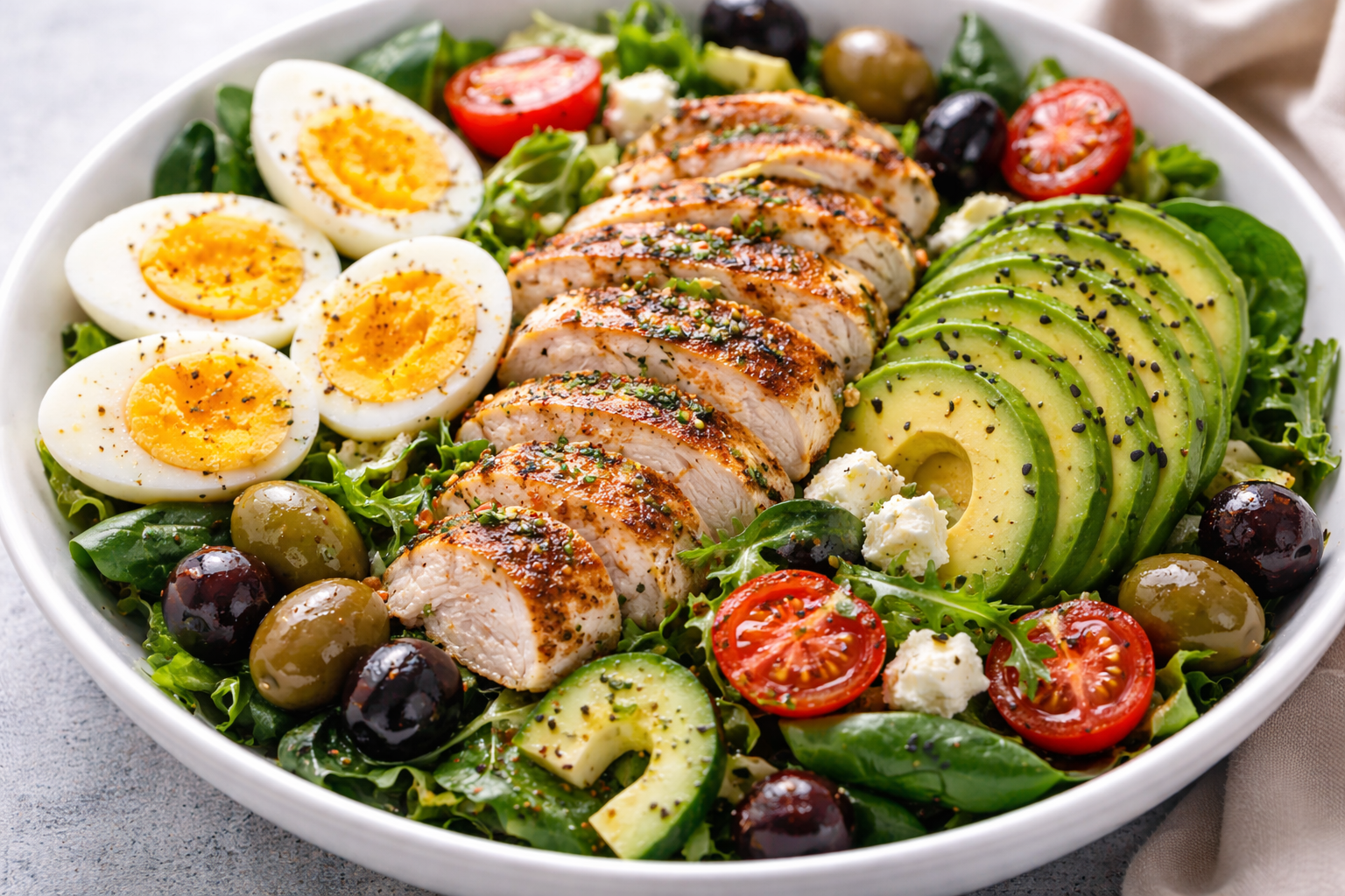 Boiled egg halves with grilled chicken, avocado slices, olives, feta, and greens on a plate