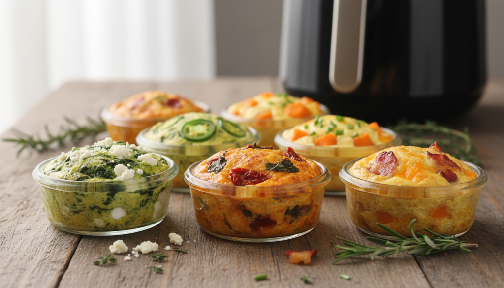 A beautiful, inviting display of various egg bites in elegant, clear glass ramekins, showcasing an array of vibrant flavors. In the foreground, feature a close-up of three distinct egg bites: one with creamy spinach and feta, another with sun-dried tomatoes and basil, and the last with crispy bacon and cheddar. In the middle ground, include additional varieties like a spicy jalapeño and pepper jack, and a sweet potato and chive version. The background features a rustic wooden table adorned with fresh herbs and a soft-focus air fryer, subtly emphasizing the cooking method. Soft natural light streams in from a nearby window, casting gentle shadows that enhance the inviting atmosphere. The overall mood is warm and appetizing, perfect for enticing readers to try these delicious breakfast options.