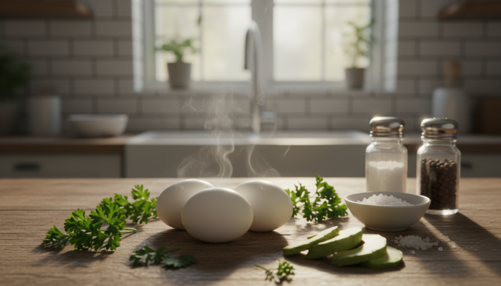 A beautifully arranged breakfast scene featuring three boiled eggs displayed on a rustic wooden table, surrounded by fresh parsley and slices of avocado. The focus is on the eggs, showcasing their glossy shells and a hint of steam rising from them, conveying warmth and freshness. In the background, a simple, elegant kitchen setting can be seen, with soft morning sunlight filtering through a window, casting gentle shadows. On the side, there's a small bowl of salt and pepper shakers, hinting at meal preparation. The composition is shot from a slightly elevated angle, emphasizing the rich textures of the food while maintaining a clean and inviting atmosphere, ideal for a healthy meal prep environment. A beautifully arranged breakfast scene featuring three boiled eggs displayed on a rustic wooden table, surrounded by fresh parsley and slices of avocado. The focus is on the eggs, showcasing their glossy shells and a hint of steam rising from them, conveying warmth and freshness. In the background, a simple, elegant kitchen setting can be seen, with soft morning sunlight filtering through a window, casting gentle shadows. On the side, there's a small bowl of salt and pepper shakers, hinting at meal preparation. The composition is shot from a slightly elevated angle, emphasizing the rich textures of the food while maintaining a clean and inviting atmosphere, ideal for a healthy meal prep environment.