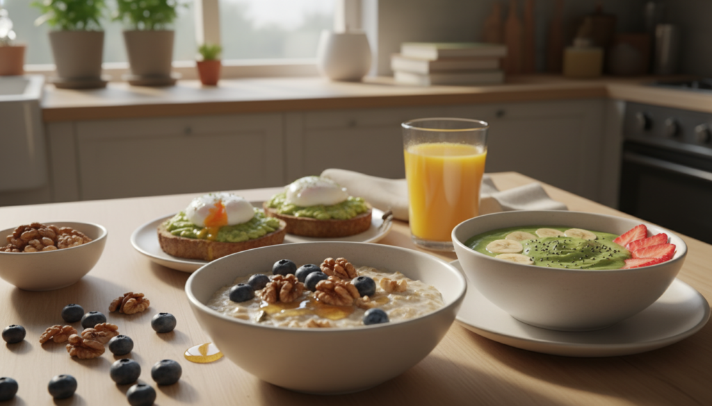 A beautifully arranged breakfast table featuring a variety of brain-boosting foods. In the foreground, a bowl of creamy oatmeal topped with fresh blueberries, walnuts, and a drizzle of honey. Nearby, there's a colorful smoothie bowl with spinach, banana, and chia seeds, garnished with sliced strawberries. In the middle, whole-grain toast with avocado and poached eggs sits beside a refreshing glass of orange juice. The background includes a softly lit kitchen with warm, natural light filtering through a window, enhancing the inviting atmosphere. Use a slightly elevated angle to capture the vibrant colors and textures of the food, conveying a sense of freshness and health. The overall mood should feel energizing and uplifting, perfect for fueling a busy school day.