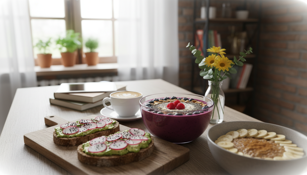 A beautifully arranged breakfast table featuring brain-boosting foods ideal for students. In the foreground, showcase vibrant dishes including avocado toast topped with radish slices, a colorful berry smoothie bowl adorned with chia seeds and nuts, and a steaming bowl of oatmeal garnished with banana slices and a sprinkle of cinnamon. In the middle, include a latte art coffee cup and a small vase filled with fresh flowers. The background should subtly display a cozy kitchen environment with bright natural light streaming in through a window, creating a warm and inviting atmosphere. Use a wide-angle lens to capture the entire scene with soft focus on the edges, emphasizing the inviting and energizing mood of this uplifting breakfast setting.